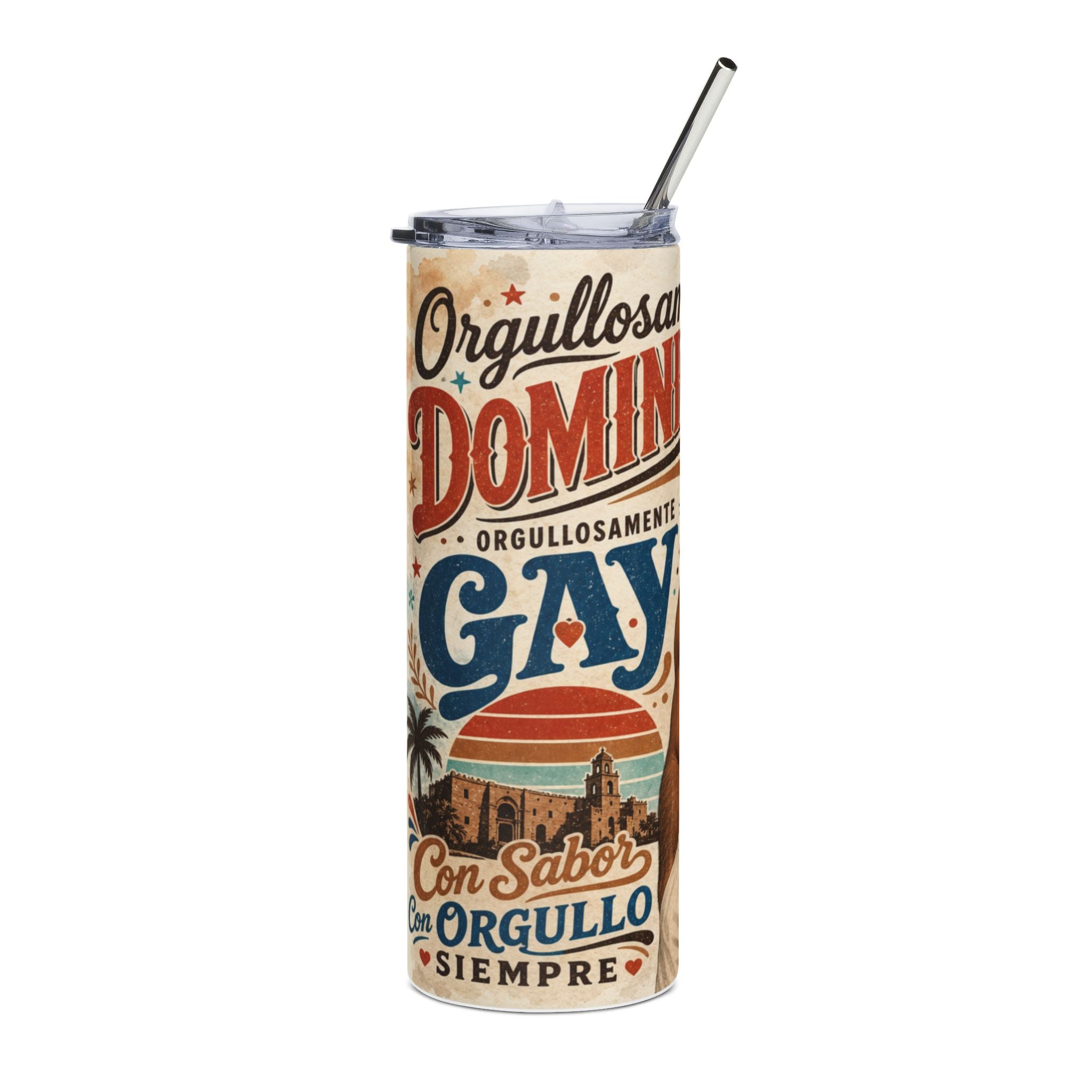 "Orgullosamente Gay" tumbler with sunset and building graphic.