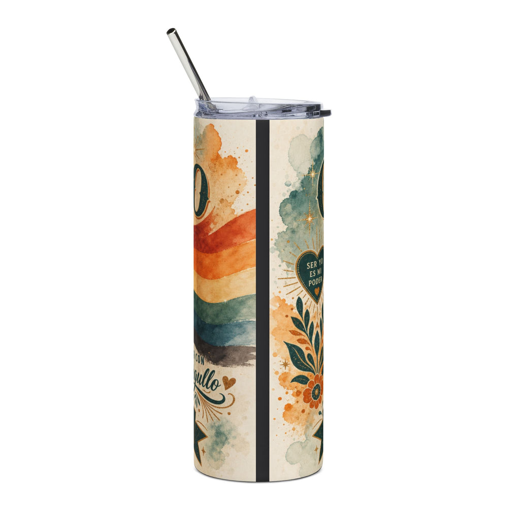 Tumbler with rainbow and floral design, "Ser Tu Eres Poder" text.