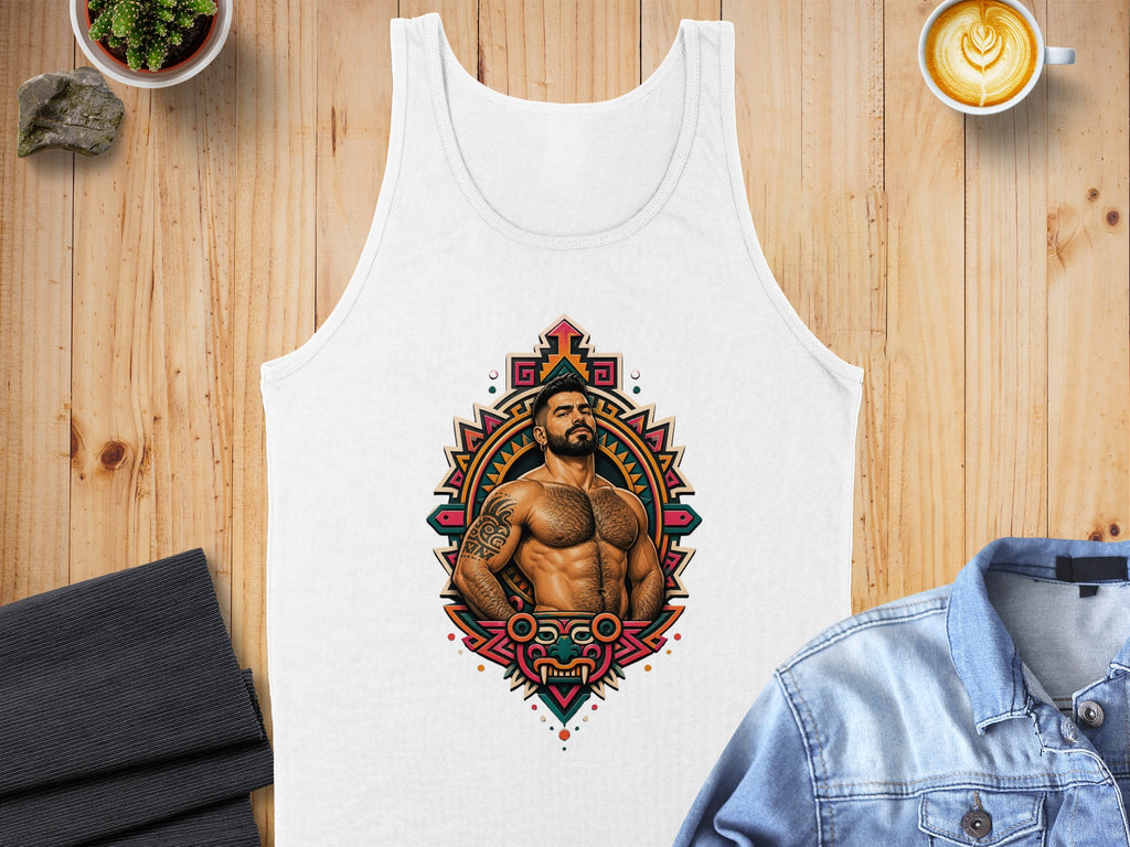 White tank top with graphic of muscular man and colorful geometric design.