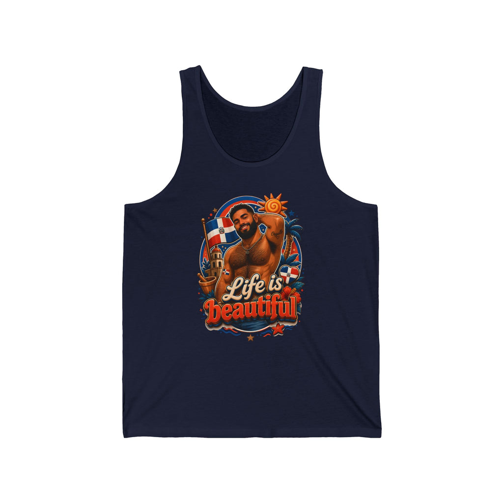 Navy tank top with graphic of muscular man, Dominican flag, and tropical scene.