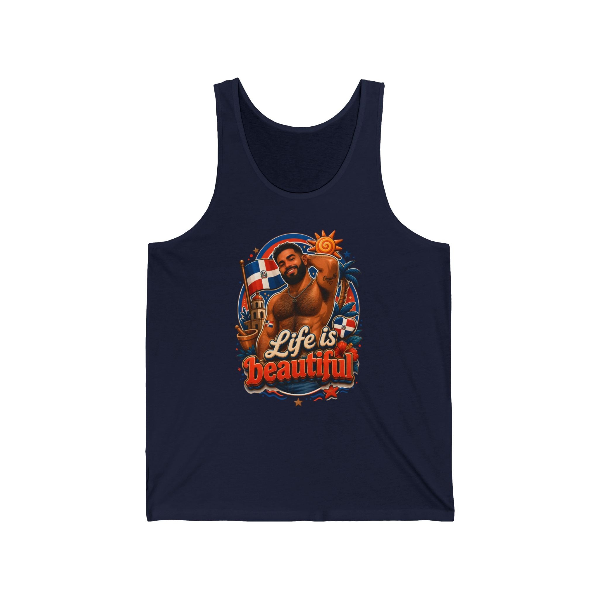 Navy tank top with graphic of muscular man, Dominican flag, and tropical scene.