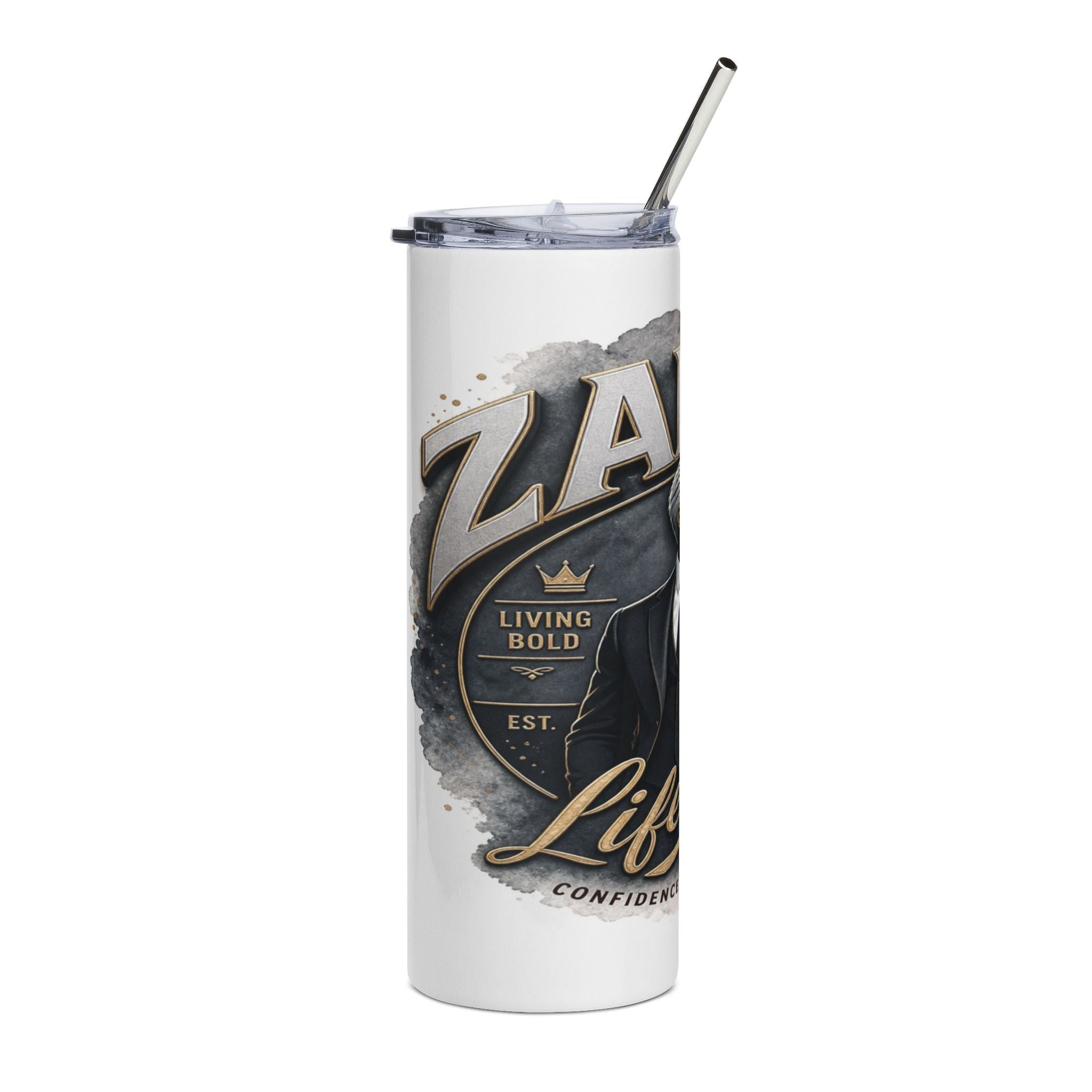 White tumbler with "ZA" design, crown, and "Living Bold" text.