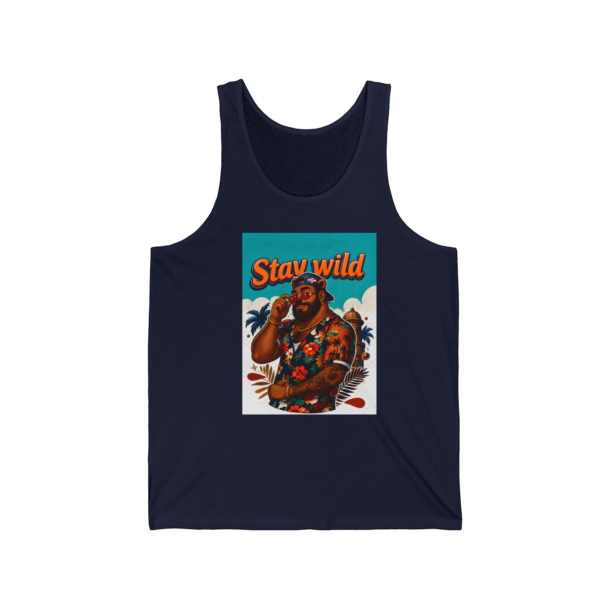 Tank top with "Stay Wild" text and a tropical-themed illustration of a man.