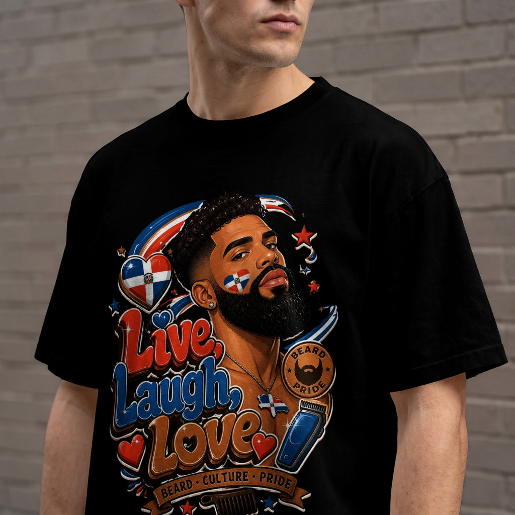 Man wearing a black t-shirt with a graphic featuring a man with a beard and the Dominican flag.