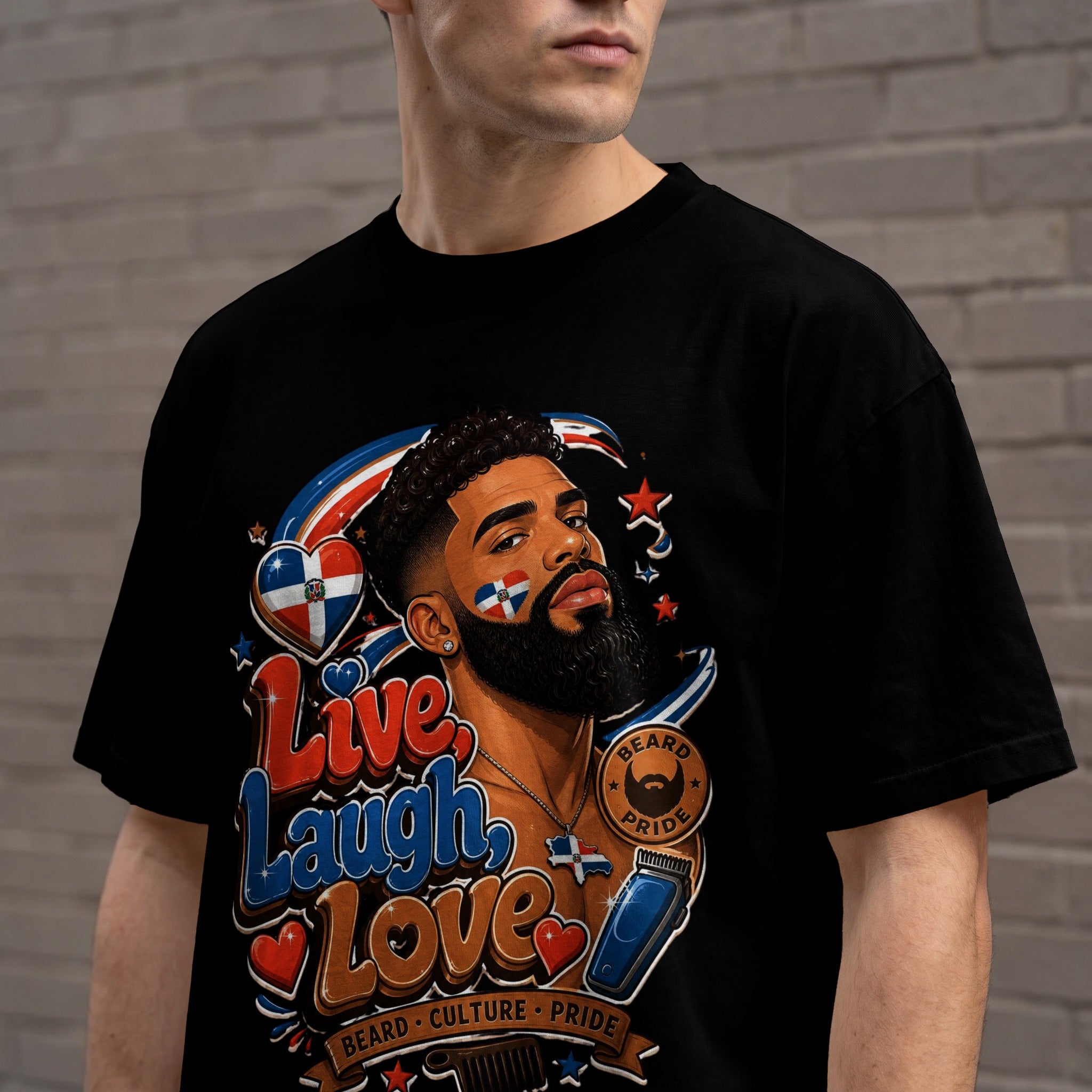 Man wearing a black t-shirt with a graphic featuring a man with a beard and the Dominican flag.