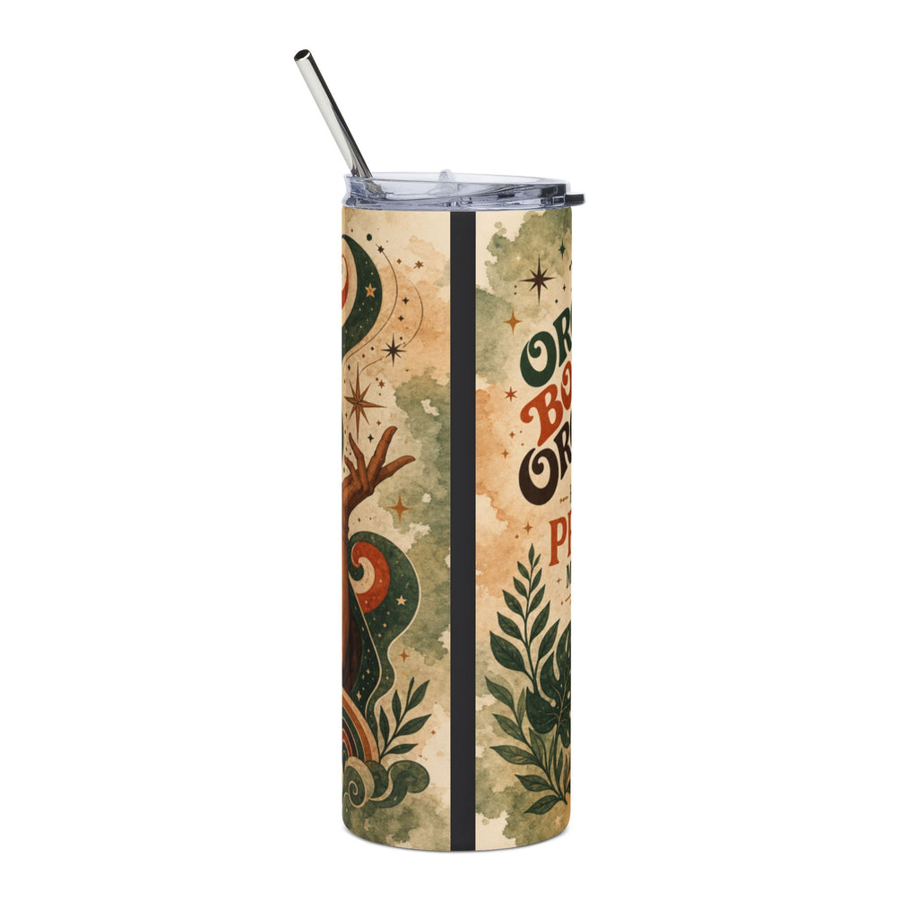 Tumbler with celestial, botanical design and "Or be brilliant" text.