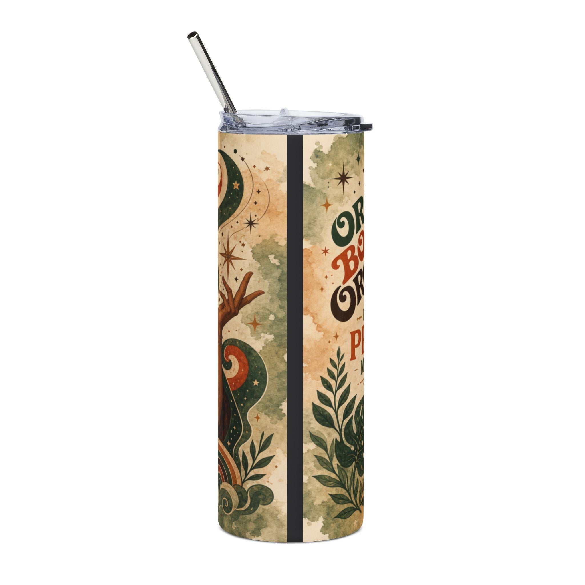 Tumbler with celestial, botanical design and "Or be brilliant" text.