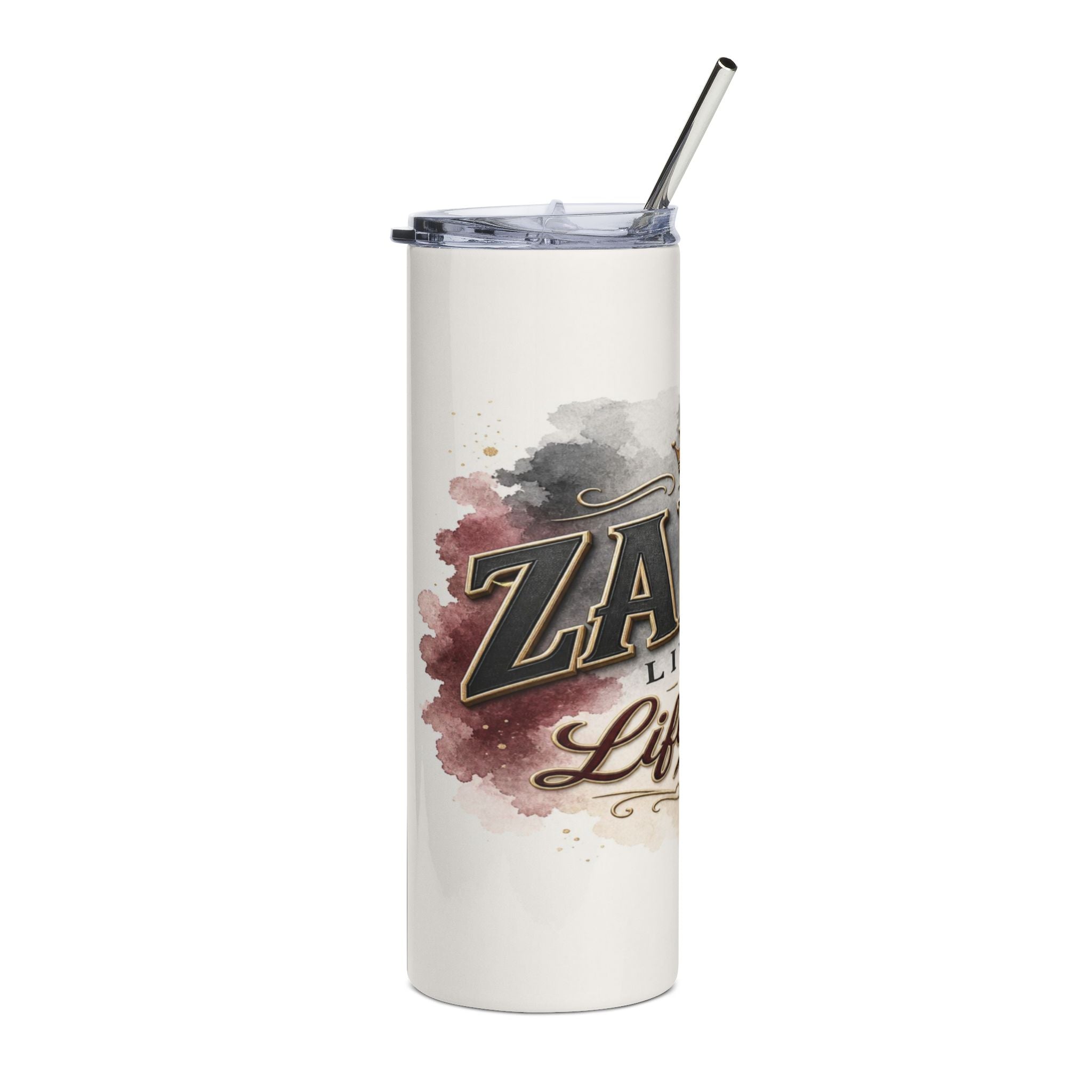 White tumbler with "ZAFE" and "Life" text and watercolor design.