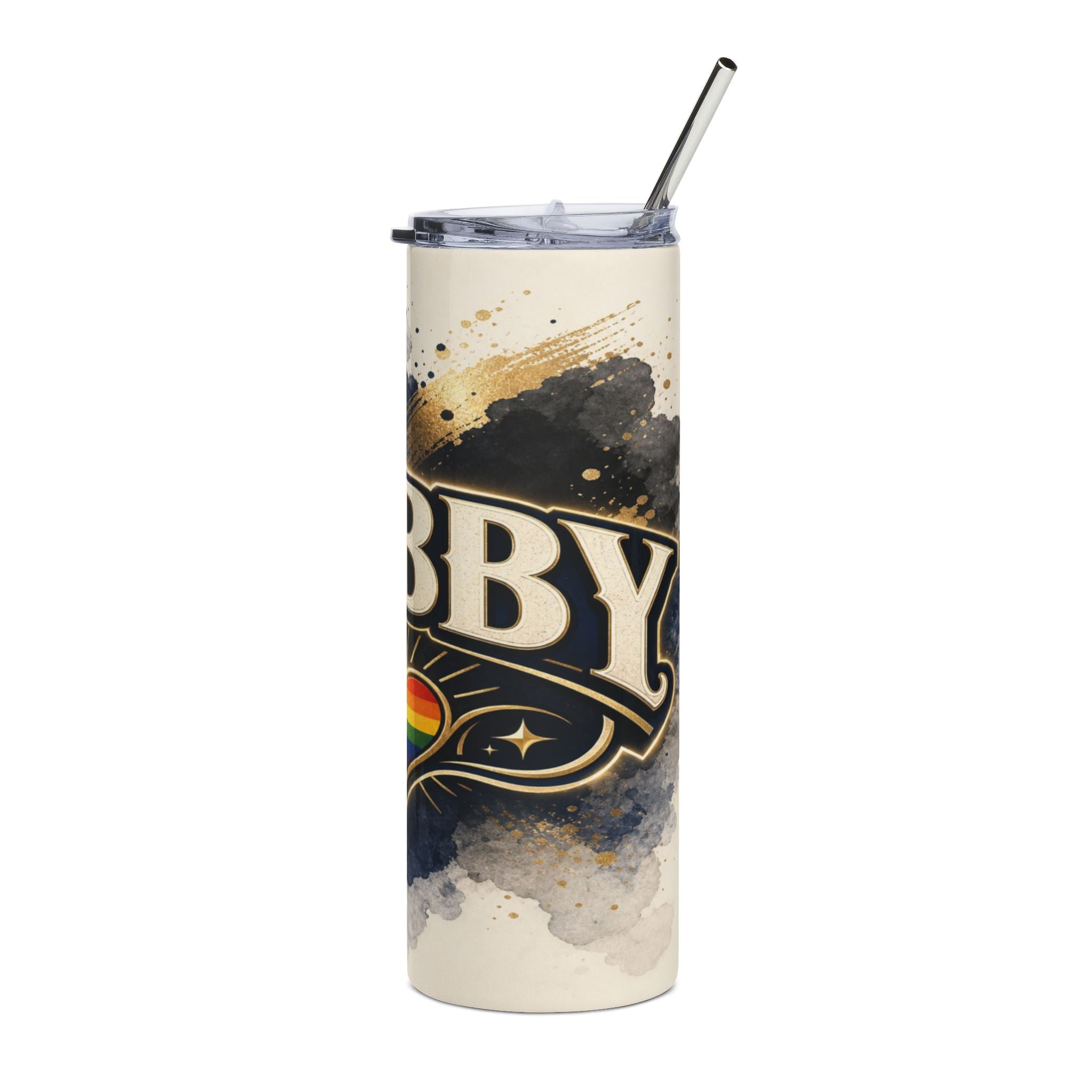 Cream tumbler with "BBY" text, rainbow heart, and cosmic details.