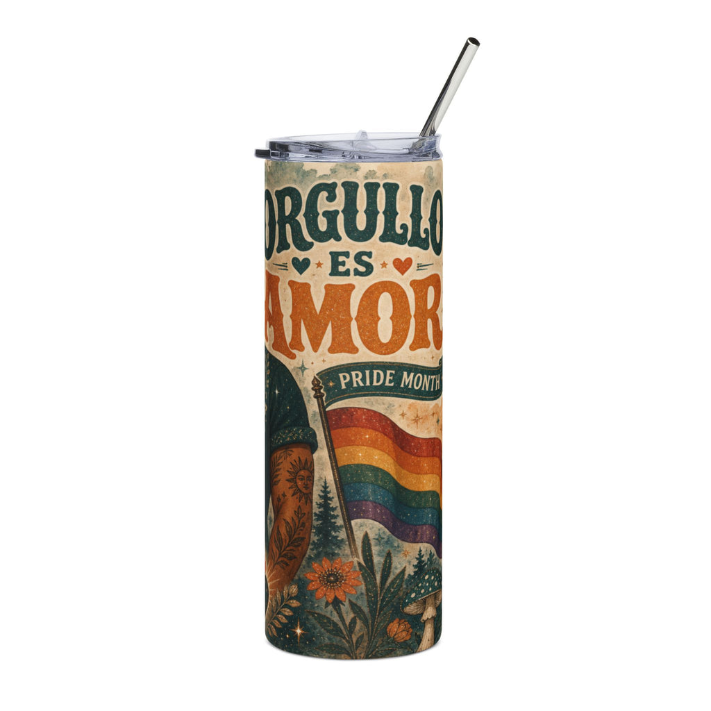 Tumbler with "Orgullo es Amor" and rainbow pride flag text.