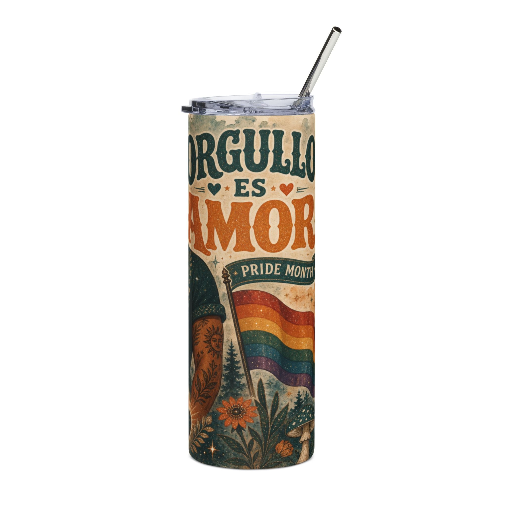 Tumbler with "Orgullo es Amor" and rainbow pride flag text.