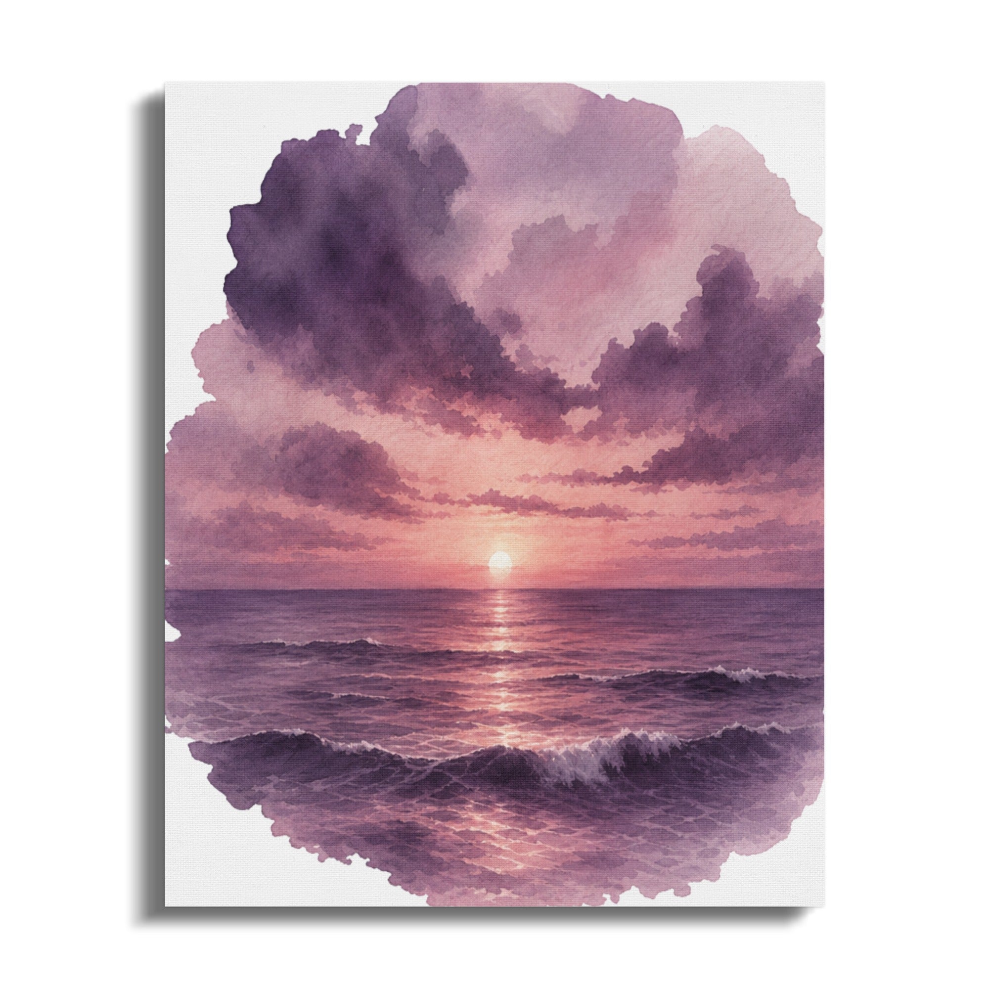 Watercolor painting of a sunset over the ocean with purple clouds and waves.