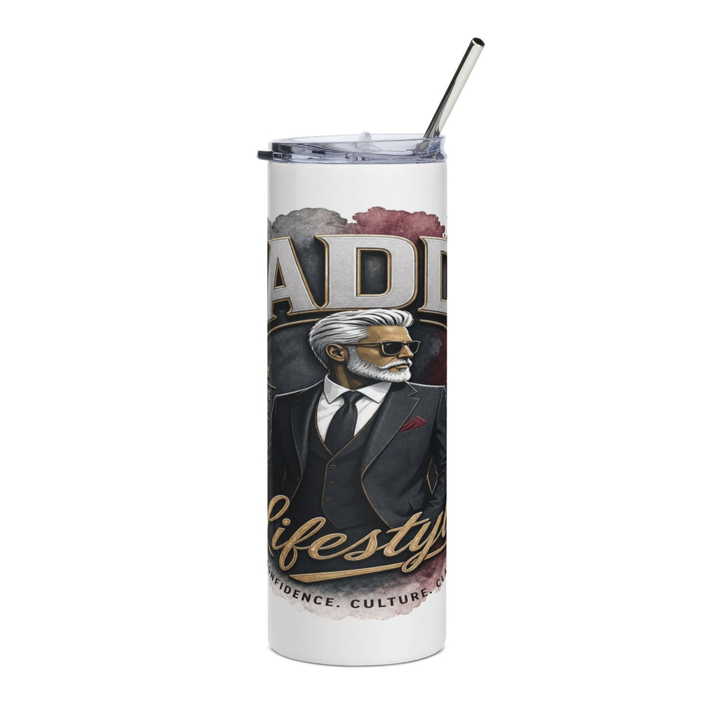 Tumbler with silver straw, "DEBONAIR LIFESTYLE" text, and a stylized man in a suit.