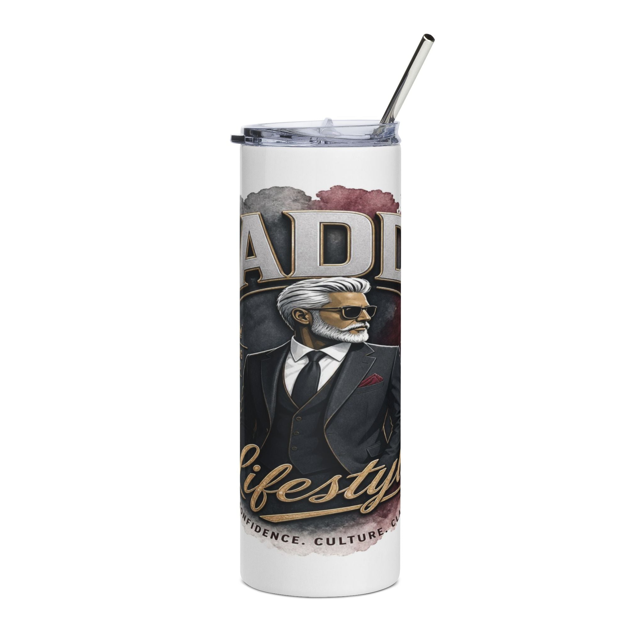 Tumbler with silver straw, "DEBONAIR LIFESTYLE" text, and a stylized man in a suit.