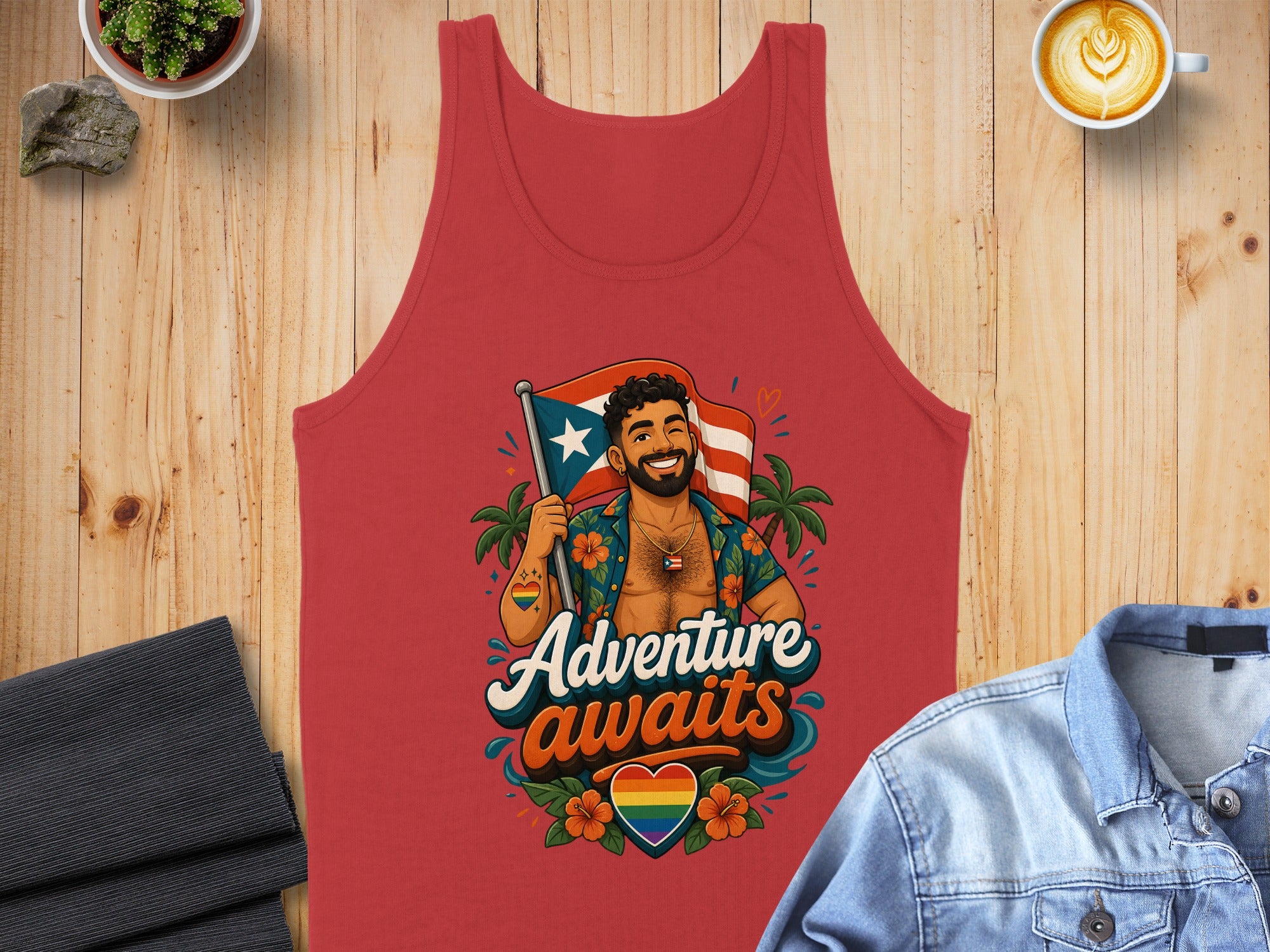 Red tank top with "Adventure Awaits" text, Puerto Rican flag, and rainbow heart.