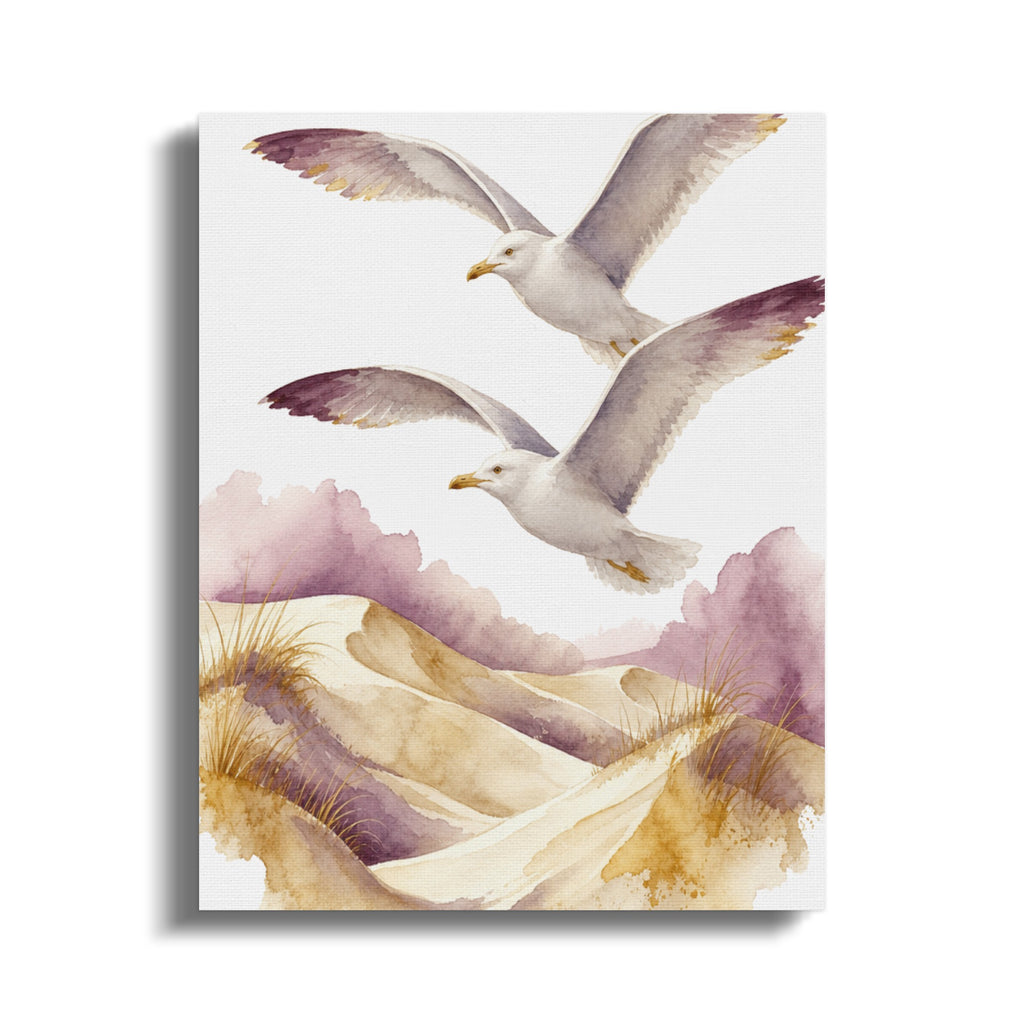 Watercolor painting of two seagulls flying over sand dunes with tall grass and purple clouds.