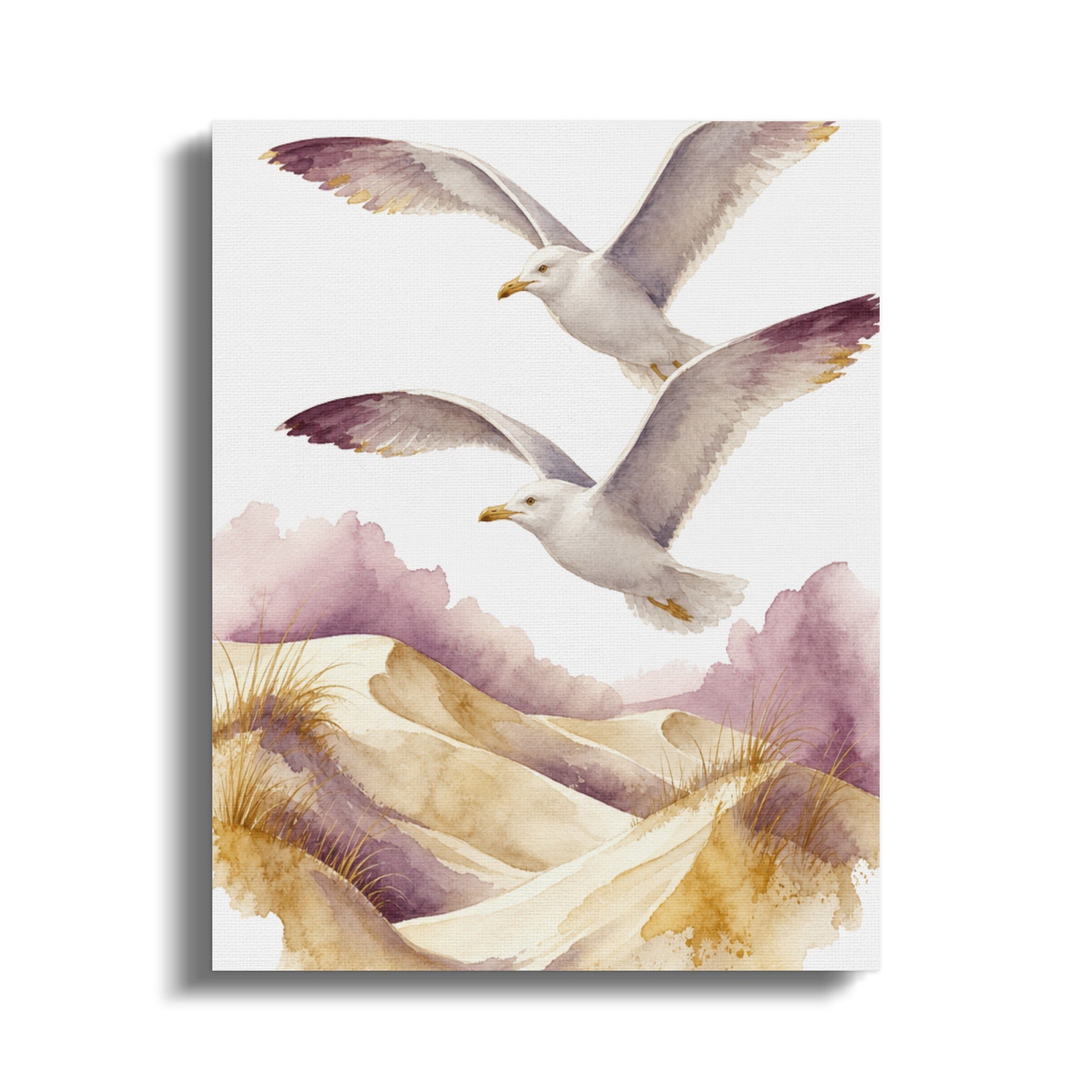 Watercolor painting of two seagulls flying over sand dunes with tall grass and purple clouds.