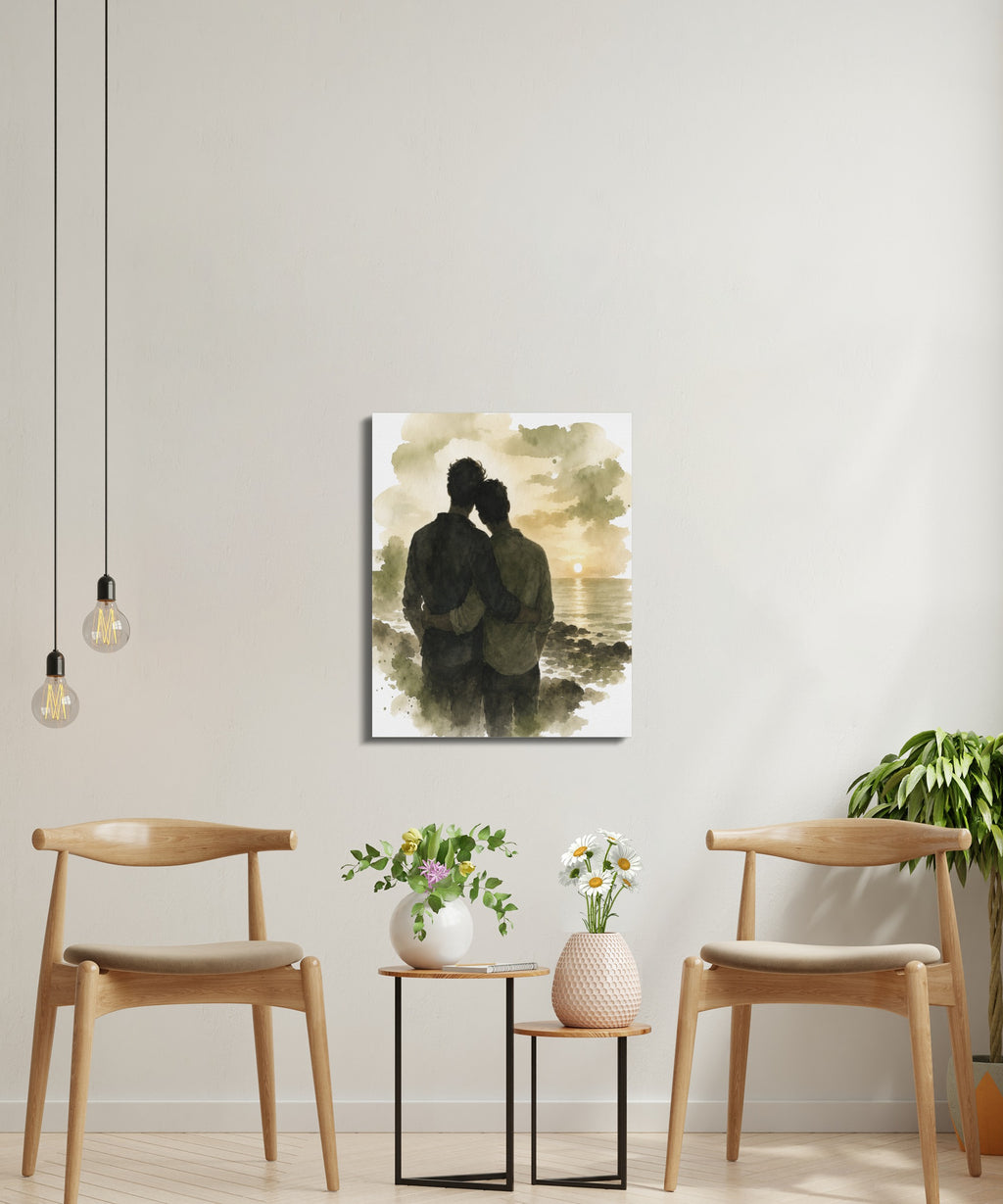 Watercolor of a couple embracing with a sunset over the ocean.