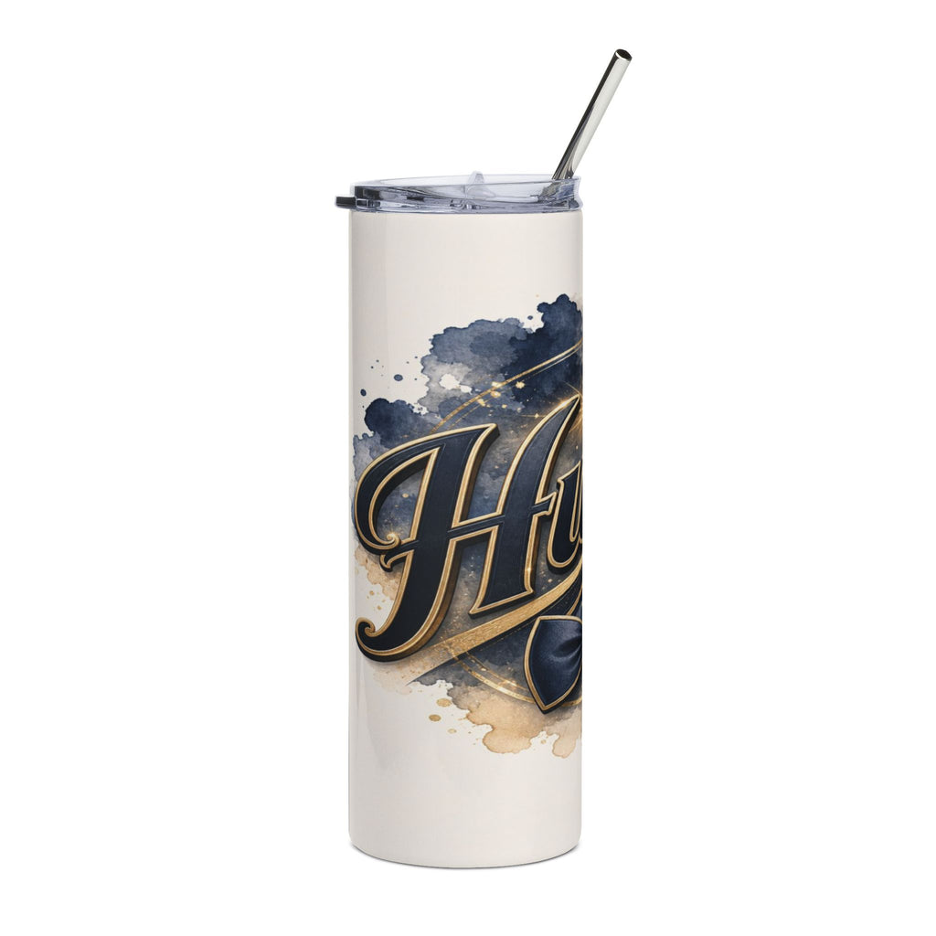 White tumbler with black and gold "Happy" text and blue watercolor accents.