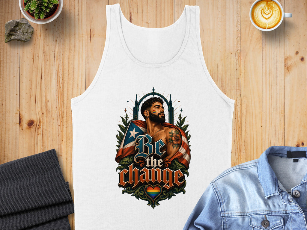 White tank top with "Be the Change" text and a colorful Puerto Rican flag graphic.