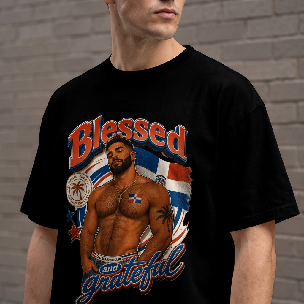 T-shirt with man in front of Dominican Republic flag and palm tree graphic.