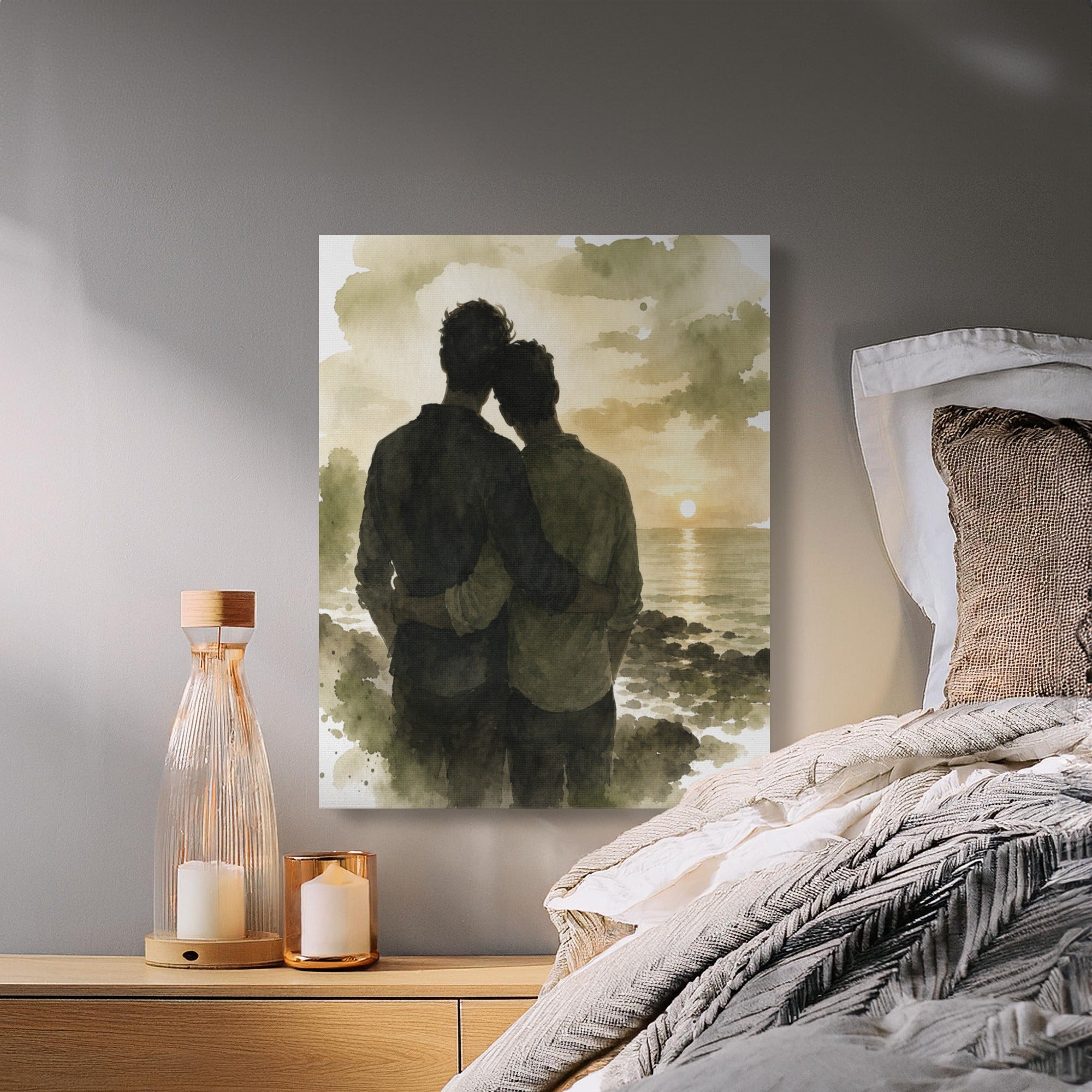 Watercolor painting of two men embracing on a rocky shore at sunset.
