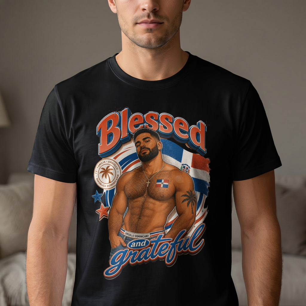 Black t-shirt with "Blessed and Grateful" and Dominican flag graphics.