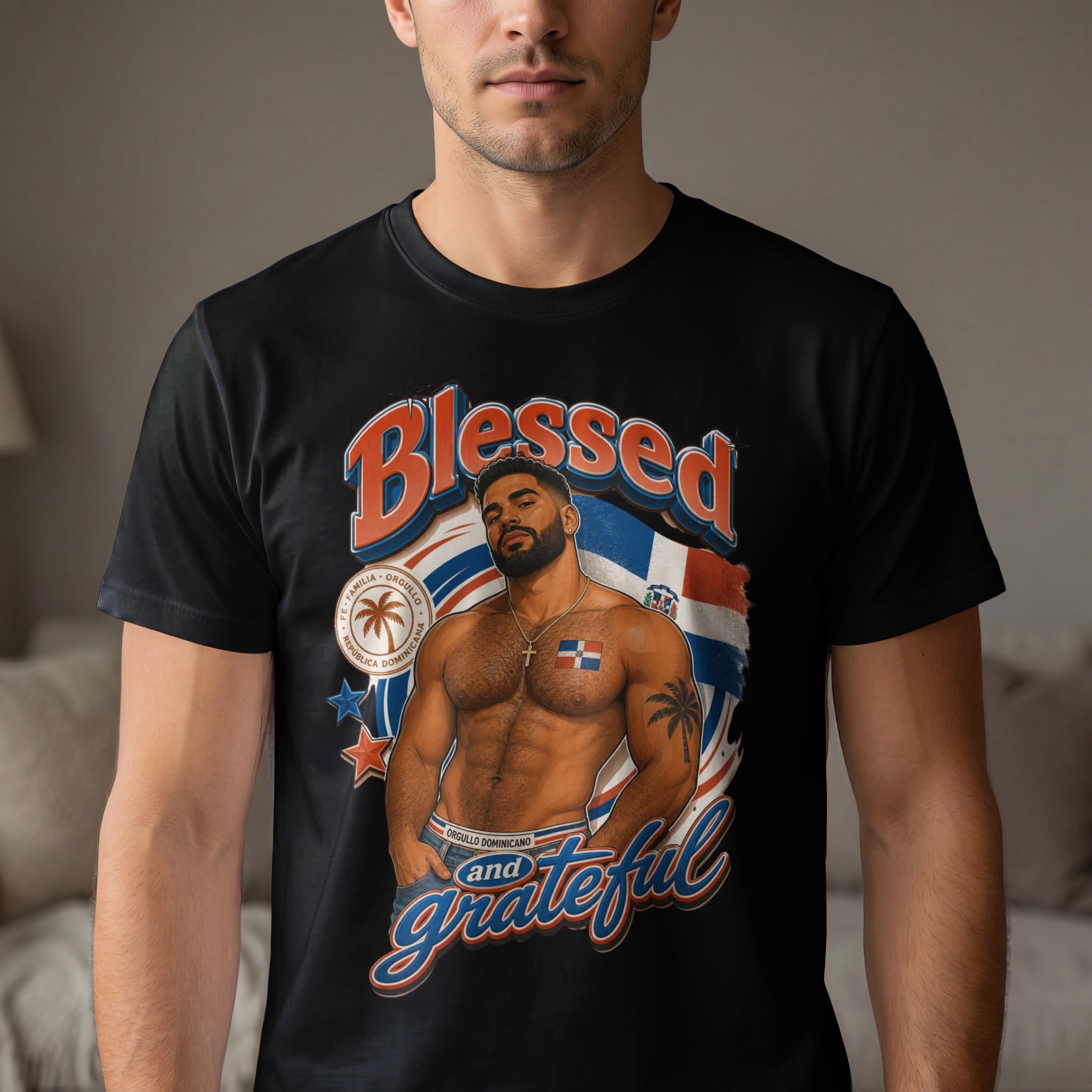 Black t-shirt with "Blessed and Grateful" and Dominican flag graphics.