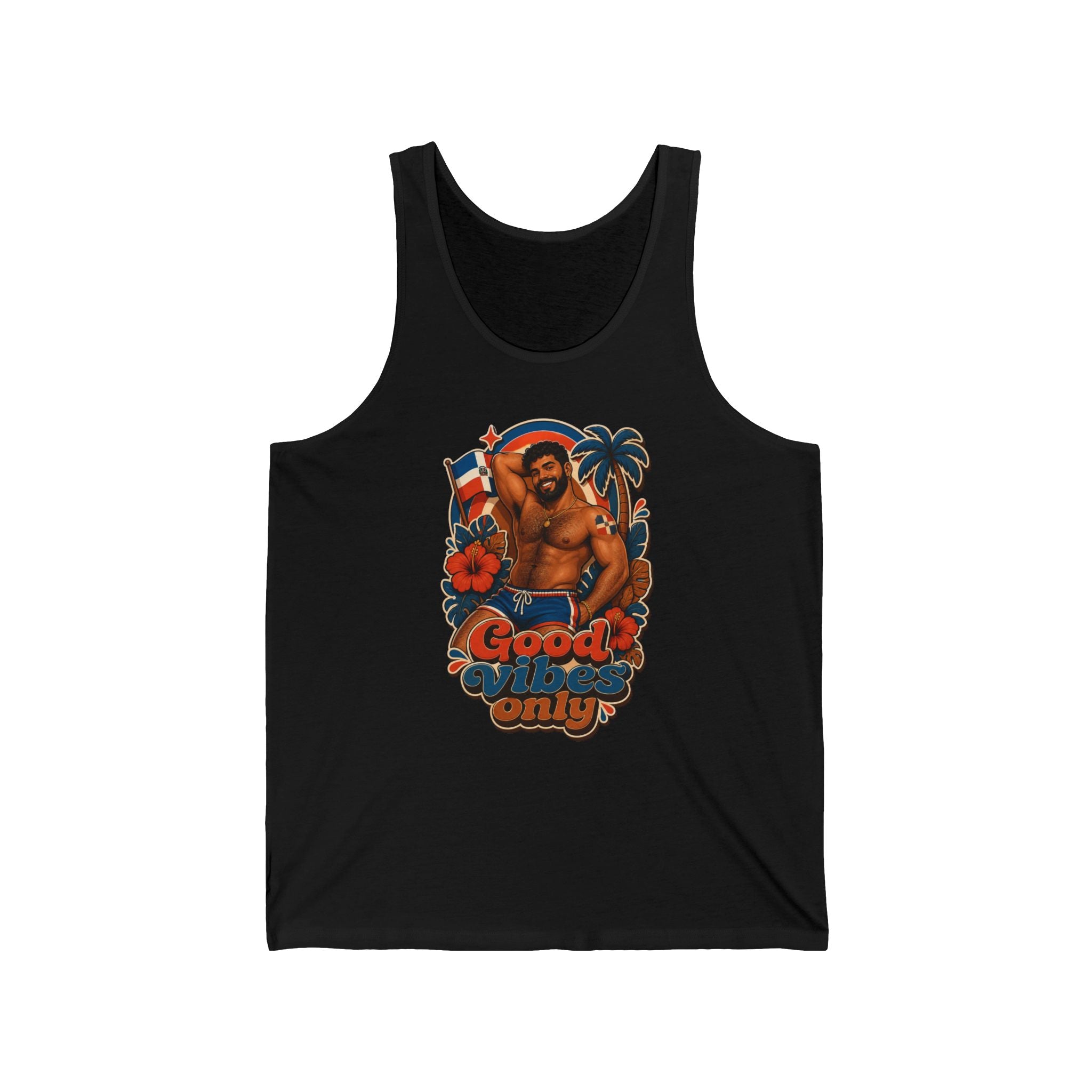 Man in tank top on beach with palm tree, flowers, and "Good Vibes Only" text.