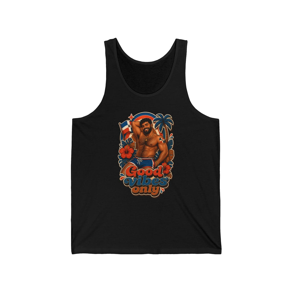 Man in tank top on beach with palm tree, flowers, and "Good Vibes Only" text.