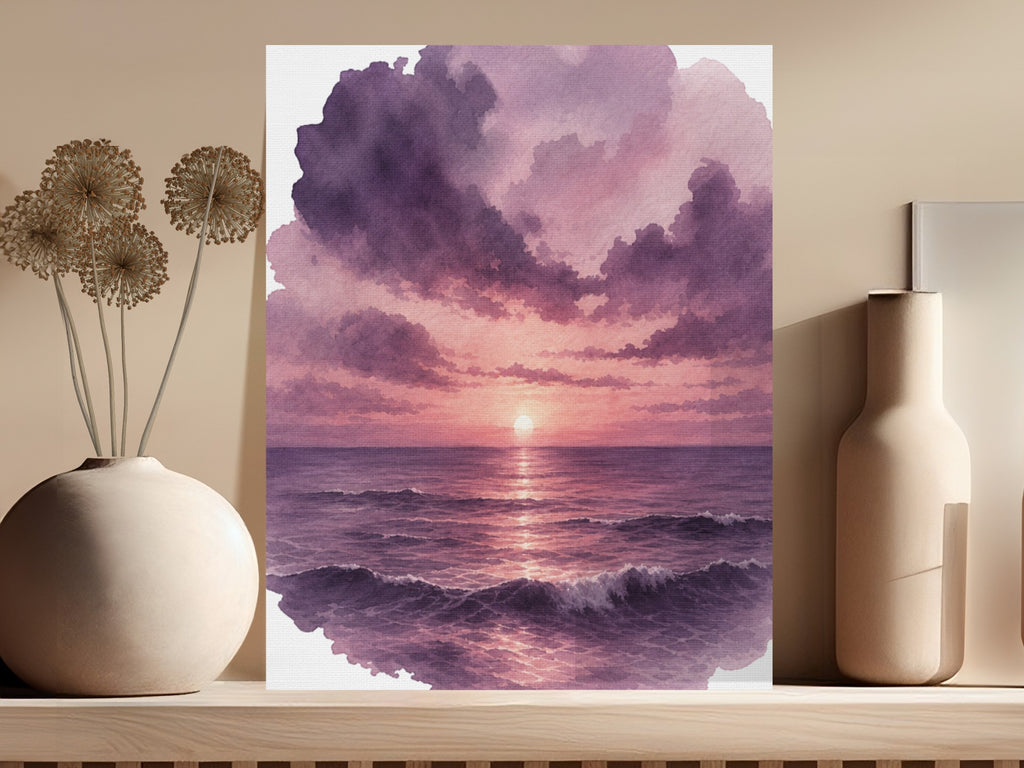 Watercolor painting of a purple sunset over a calm ocean with gentle waves.