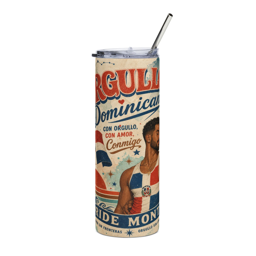 Dominican pride tumbler with man wearing flag shirt, "Orgullo Dominicano".
