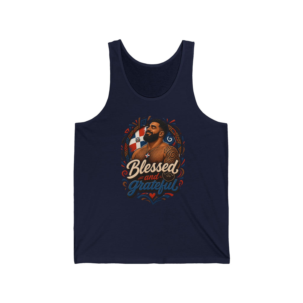 Navy tank top with "Blessed and Grateful" art of a man with tattoos.