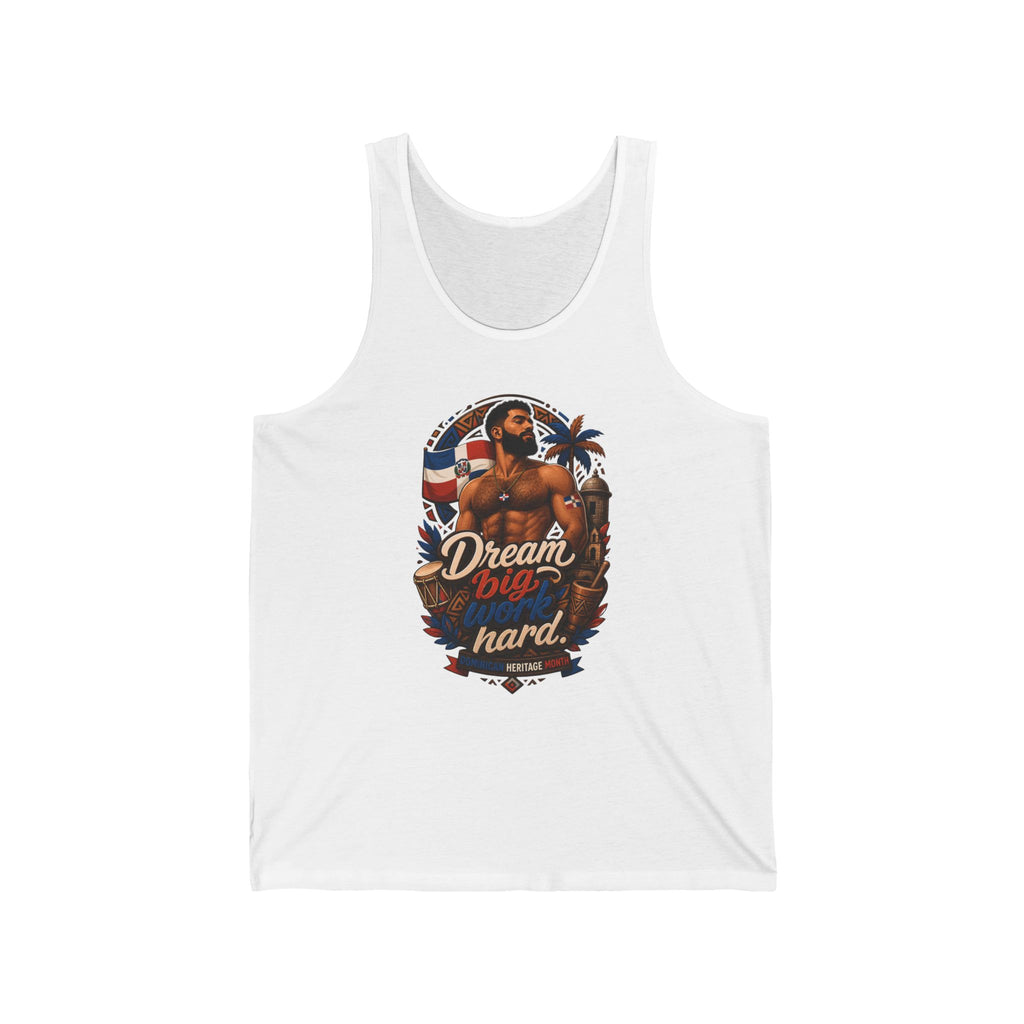 Tank top with illustration of a muscular man and Dominican flag elements.
