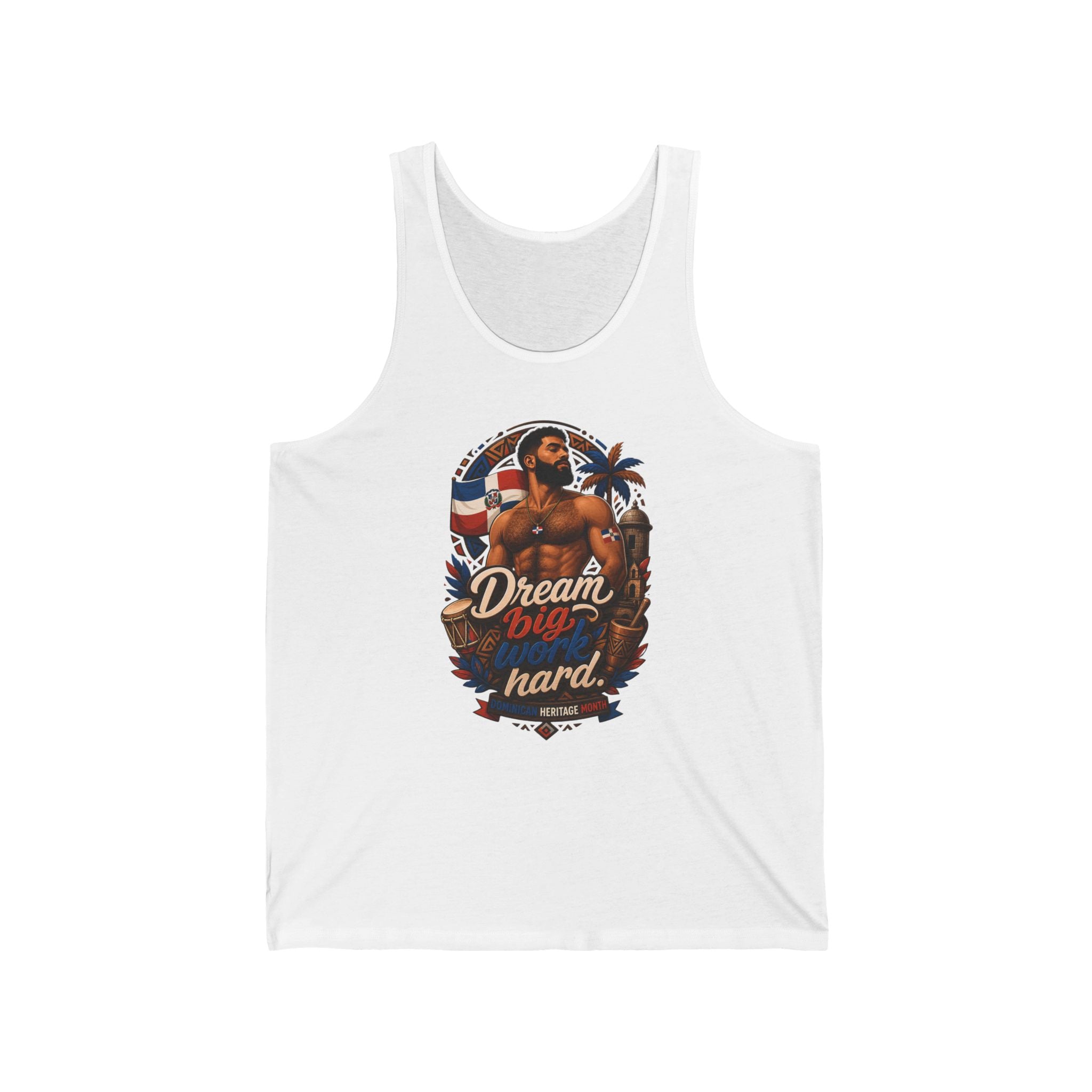 Tank top with illustration of a muscular man and Dominican flag elements.