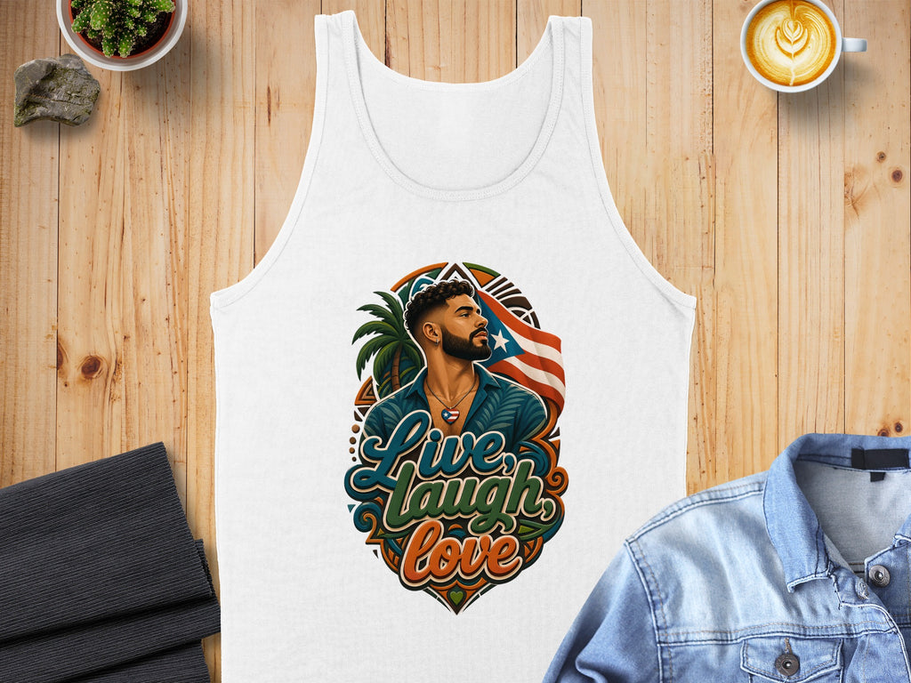 White tank top featuring a colorful graphic of a man with a Puerto Rican flag and palm tree.