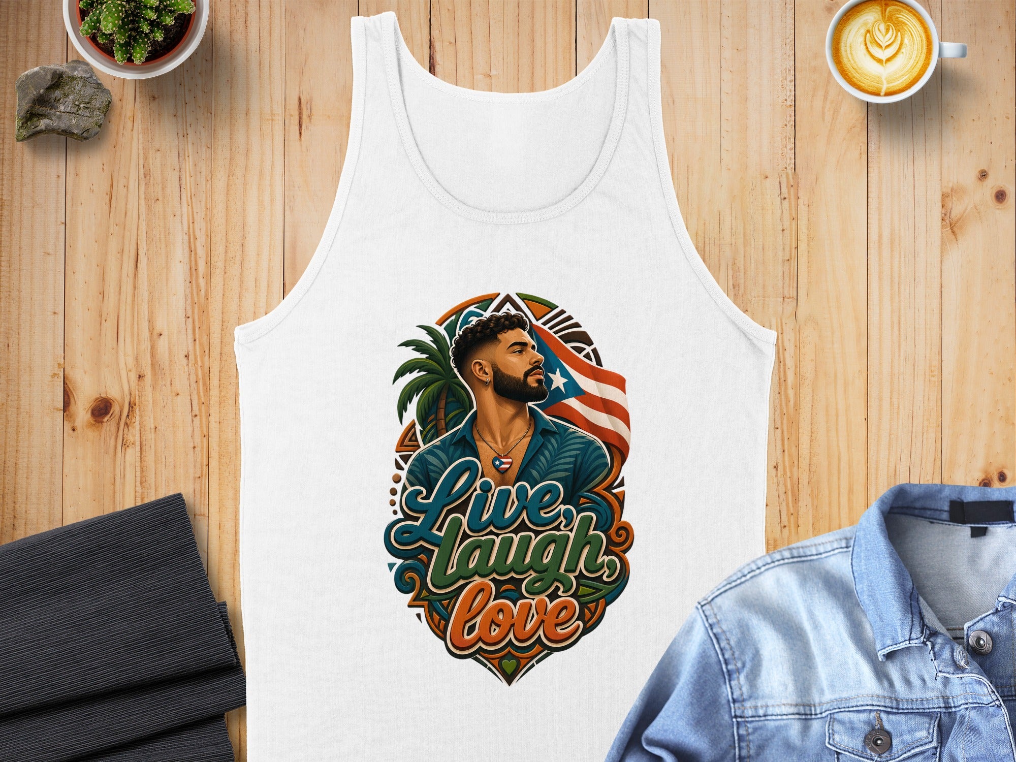 White tank top featuring a colorful graphic of a man with a Puerto Rican flag and palm tree.