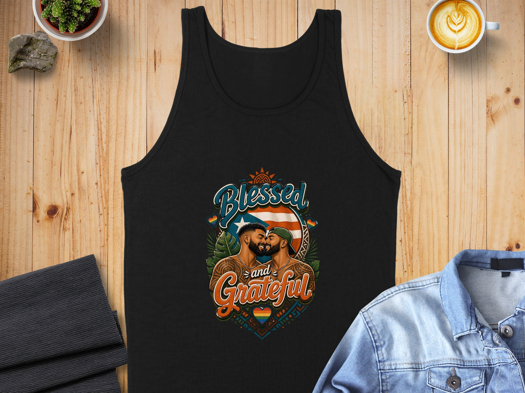 Black tank top with "Blessed and Grateful" text and a couple embracing.