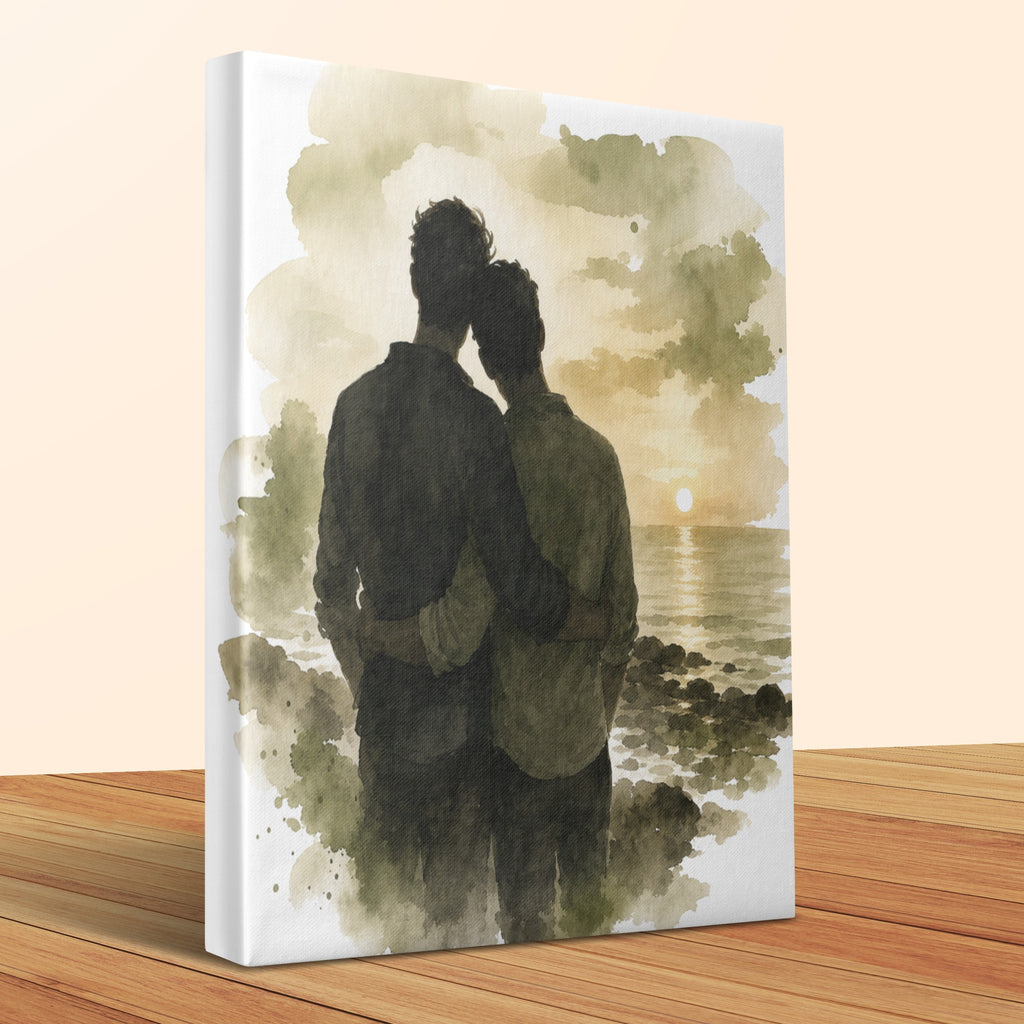 Watercolor painting of two men with arms around each other watching a sunset over the ocean.