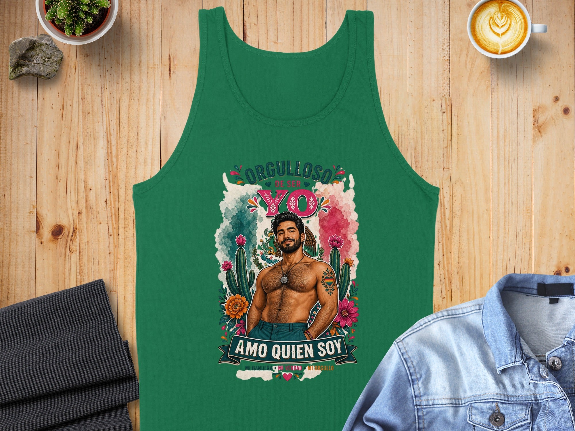 Green tank top with "Orgulloso de ser yo" and man art.