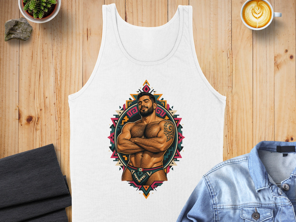 White tank top with a graphic of a muscular man in tribal attire.