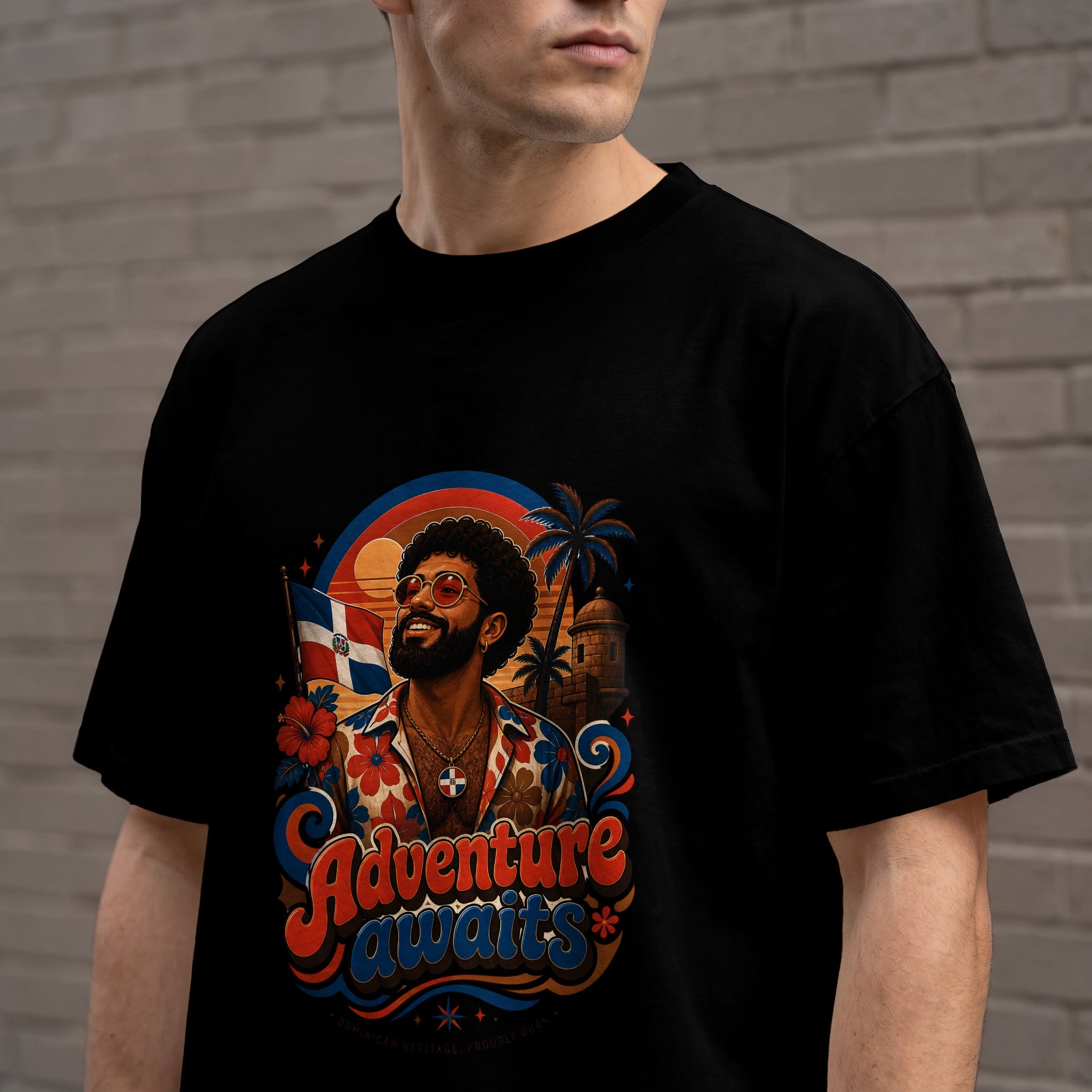 T-shirt graphic of man with Dominican flag, palm tree, and "Adventure awaits" text.