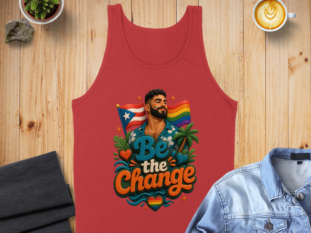 Red tank top with a rainbow flag, beach scene, and "Be The Change" text.