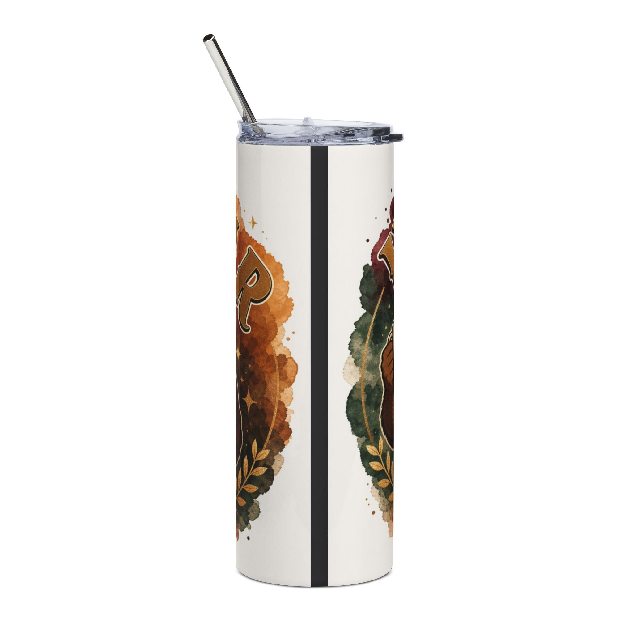 White tumbler with gold letter R and leafy watercolor designs.