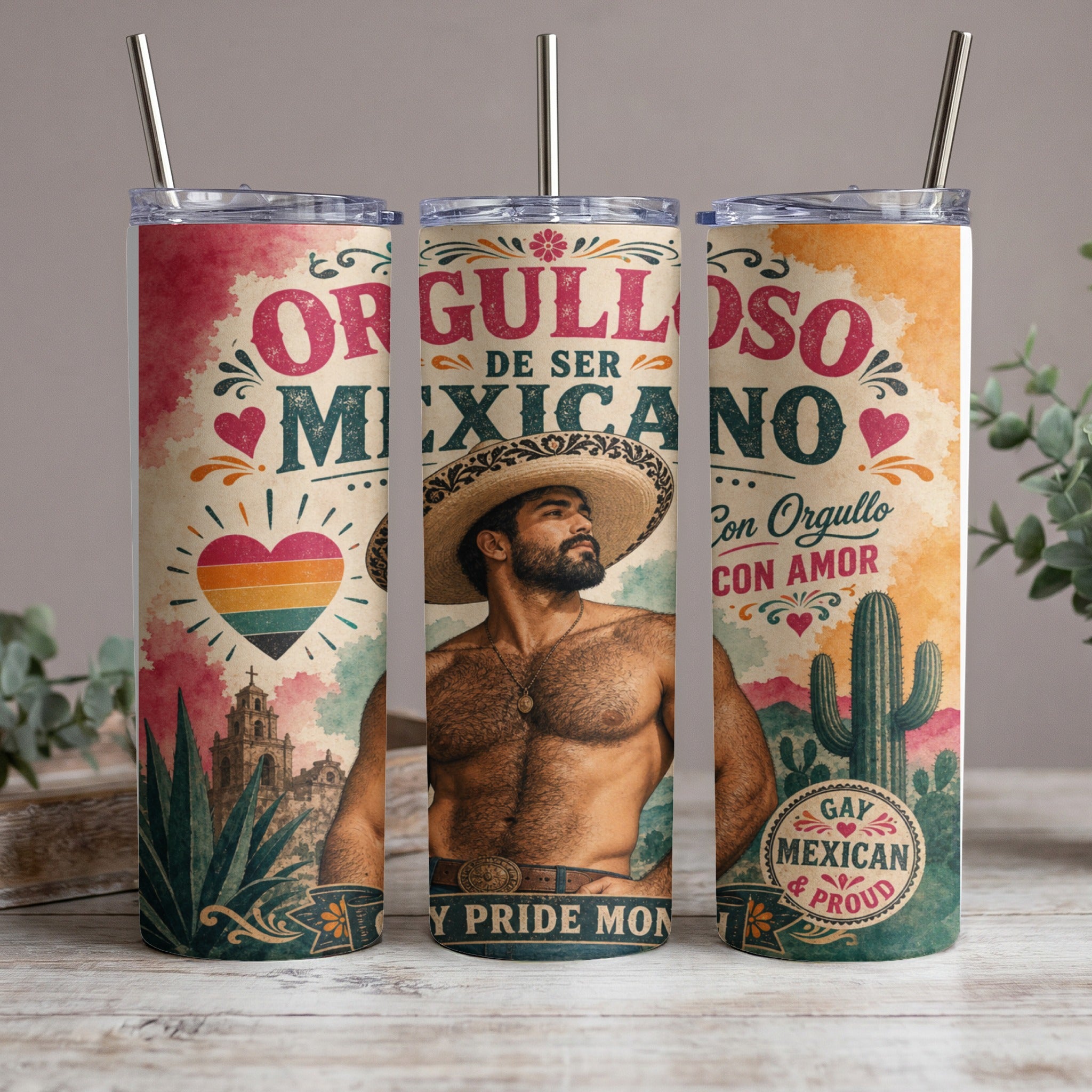 Three tumblers featuring a muscular man in a sombrero, Mexican heritage motifs, and text.