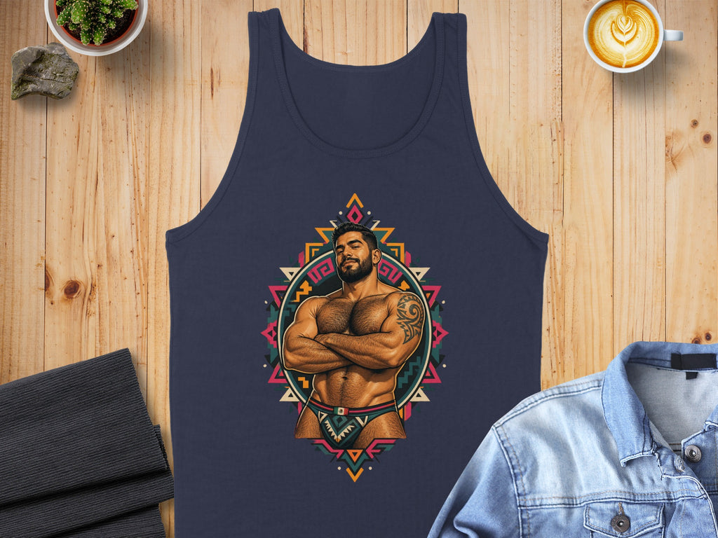 Navy blue tank top featuring a muscular man with crossed arms and colorful geometric design.
