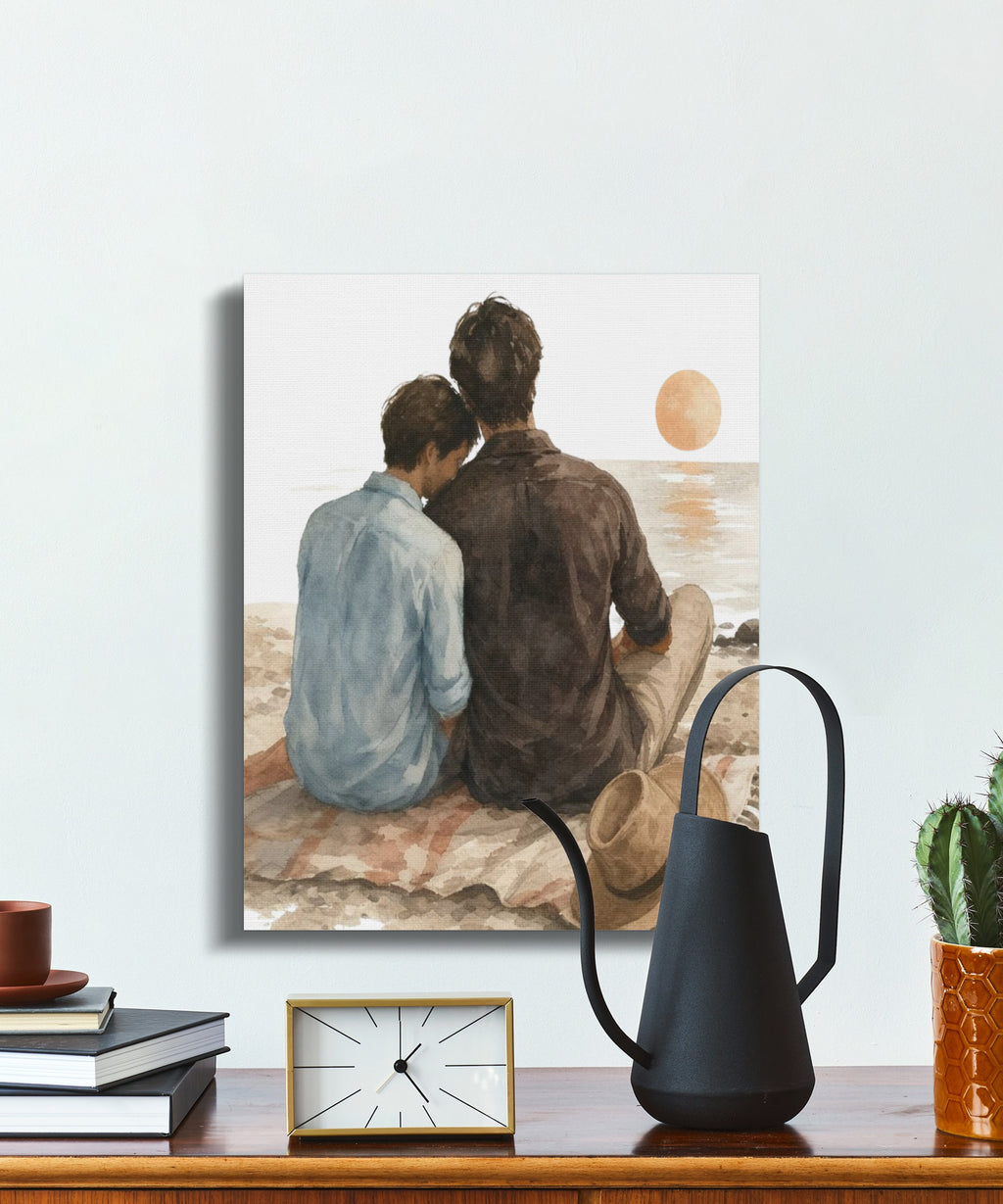 Watercolor painting of two men on a beach at sunset.