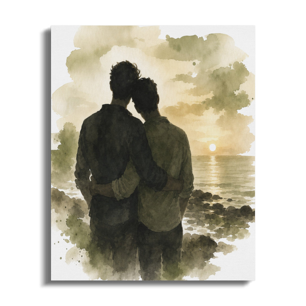 Watercolor painting of two men embracing at sunset by the sea.