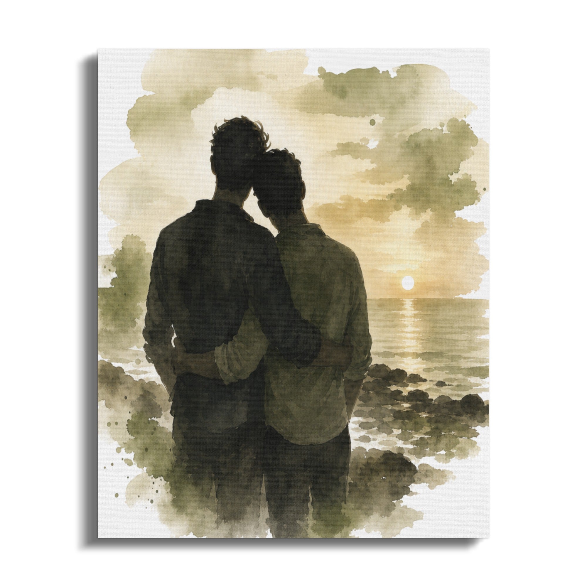Watercolor painting of two men embracing at sunset by the sea.