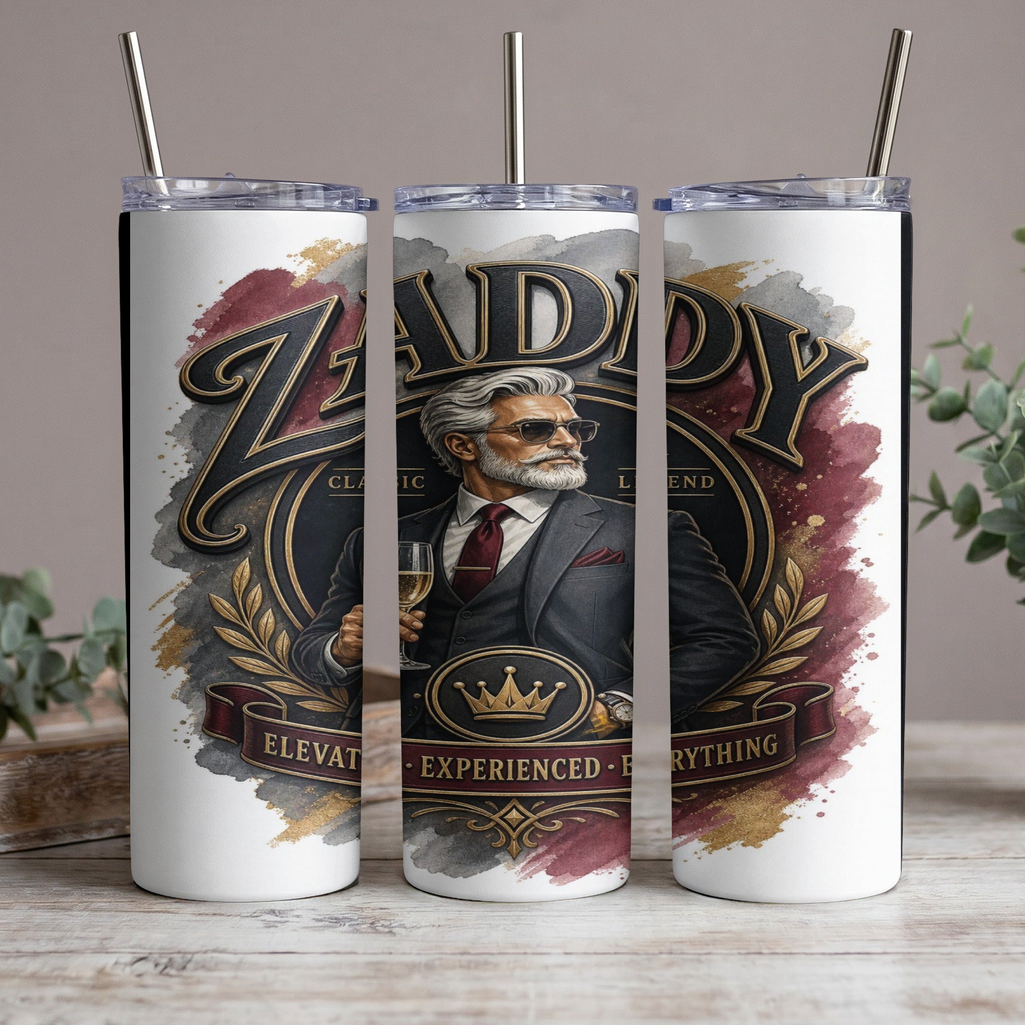 "Zaddy" tumbler with classic man, crown, and "Elevated Everything" text.